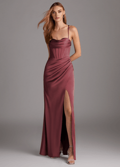 Azazie Brookelle Vestidos de damas de honor Vestido de Merlot de Satén Elástico de Corte Recto con Corazón Corsé image2
