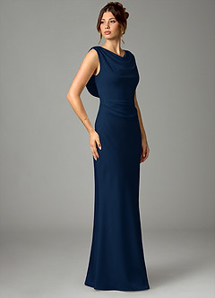 Azazie Kieryn Bridesmaid Dresses Dark Navy Mermaid Pleated Stretch Satin Dress image3