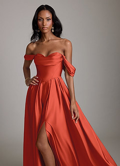 Azazie Loisa Abiti da Damigella Abito A-Line in Raso Elasticizzato a Spalla Scoperta Ruggine image5