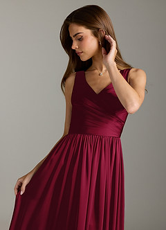 Azazie Keyla Bridesmaid Dresses Burgundy A-Line Pleated Stretch Satin Dress image8