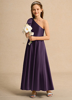 Azazie Guppy Junior Formal vestidos de niña de las flores Vestido de Ciruela de Satin Mate de Corte En A con Hombro unilateral image5