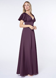 Azazie Lani Bridesmaid Dresses Plum A-Line Flounce Sleeve Stretch Satin Dress image4