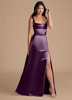 Azazie Hope Bridesmaid Dresses Plum A-Line with Pockets Metallic Satin Dress image1