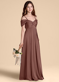 Azazie Kaitlynn Junior Jurk van Stretch Satijn met A-Lijn Off the Shoulder Espresso image5