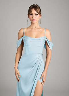 Azazie Johana Vestidos de damas de honor Vestido de Azul Cielo de Satén Elástico de Corte Sirena Convertible con Vestidos sin tirantes image3