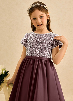 Azazie Cashew Flower Girl Dresses Sangria Ball-Gown with Sleeves Matte Satin Dress image6