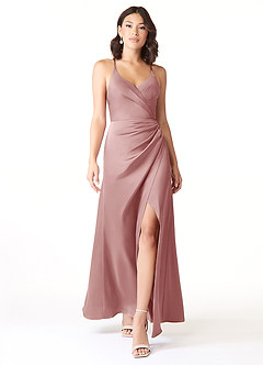 Azazie Geanna Bridesmaid Dresses Dusty Rose Sheath V-Neck Pleated Stretch Satin Dress image1