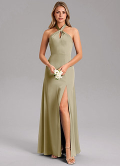 Azazie Tracie Bridesmaid Dresses Moss Green A-Line Side Slit Stretch Satin Dress image1