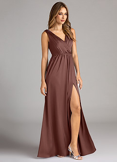 Azazie Tanicia Bridesmaid Dresses Espresso A-Line Pleated Stretch Satin Dress image4