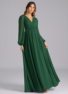 Azazie Palerma Bridesmaid Dresses Dark Green A-Line Long Sleeve Chiffon Dress image4