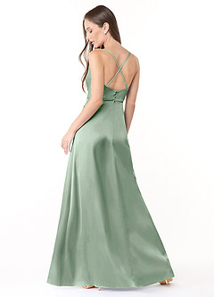 Azazie Naomie Bridesmaid Dresses Agave A-Line Cowl Neckline Side Slit Stretch Satin Dress image2