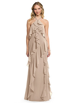 Azazie Velma Bridesmaid Dresses Taupe A-Line Side Slit Chiffon Dress image1