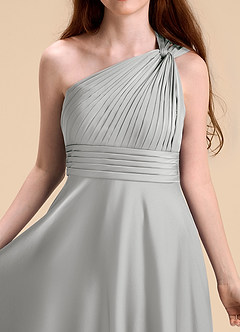 Azazie Charlize Junior Silver A-Line Pleated Stretch Satin Dress image7