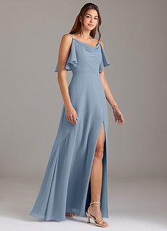 Azazie Darcia At-home Try On Dresses Dusty Blue A-Line Side Slit Chiffon Dress image4