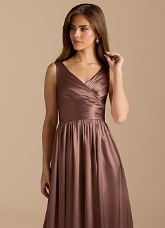 Azazie Keyla Bridesmaid Dresses Espresso A-Line Pleated Metallic Satin Dress image8