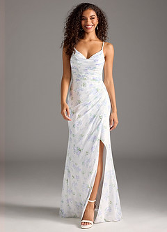 Azazie Deandra Bridesmaid Dresses Blue Vintage Floral Mermaid Pleated Chiffon Dress image3