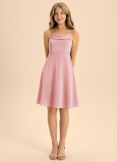 Azazie Anselie Junior A라인 주름진 스트레치 새틴 미니 주니어 신부 들러리 드레스 image5