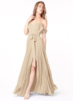 Azazie Lyney Bridesmaid Dresses Champagne A-Line Off the Shoulder Chiffon Dress image3