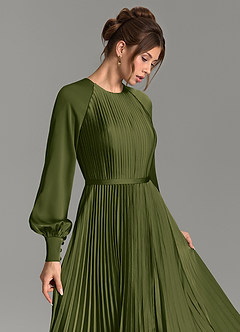 Azazie Grayson Vestidos de damas de honor Vestido Oliva Brillante de Satén Elástico de Línea A con Manga larga image6