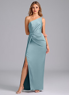 Azazie Naria Bridesmaid Dresses Moody Blue Sheath One Shoulder Stretch Satin Dress image3