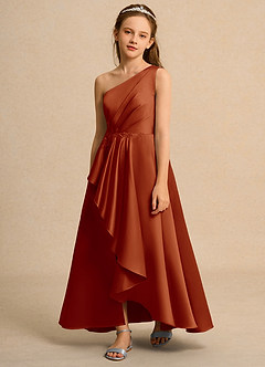 Azazie Taffy Junior Formal Jurken voor bloemenmeisjes A-Lijn Jurk van Mat Satijn Kant Paprika image1