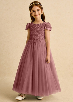 Azazie Puff Abiti da Ragazza di Fiori Abito Principessa in Tulle Pizzo Rosa Del Deserto image5