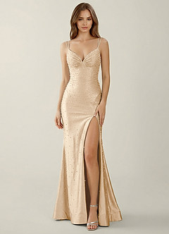 Sylvan Champagne V-neck Hot Rhinestones Corset Prom Dress image1