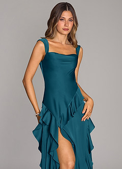 Azazie Sloane Vestidos de damas de honor Vestido de Azul Tinta de Satén Elástico de Corte en A con Escote de Corazón image5