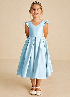 Azazie Francine Robe Demoiselle D'honneur Fillette Robe Trapèze en Mat Satiné Arc Bleu Ciel image2