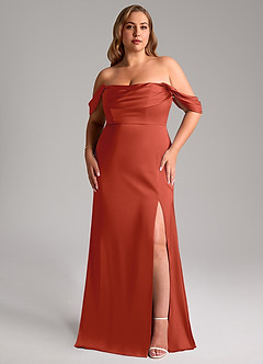 Azazie Saige Bridesmaid Dresses Rust Sheath Off the Shoulder Stretch Satin Dress image11