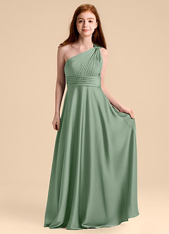 Azazie Charlize Junior Abito A-Line in Raso Elasticizzato Plissettato Matcha image4
