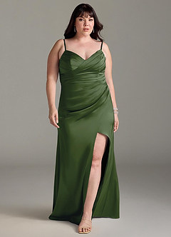 Azazie Yola Robes de demoiselle d'honneur Robe Fourreau Convertible en Satin extensible Plissee mit V-Ausschnitt Genévrier image9