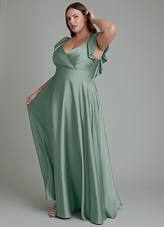 Azazie Leilani Robes de demoiselle d'honneur Robe Trapèze en Satin extensible Drapé Sauge D'argent image14
