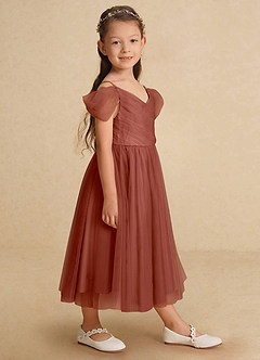Azazie Lizzette Flower Girl Dresses Auburn A-Line Ruched Tulle Dress image1