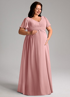 Azazie Verna Zwangerschaps Bruidsmeisjekleding A-Lijn V-hals Gerimpeld Chiffon Vloerlengte Jurk image10
