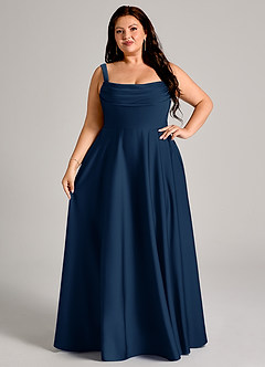 Azazie Shaude Bridesmaid Dresses Dark Navy A-Line Pleated Stretch Satin Dress image12