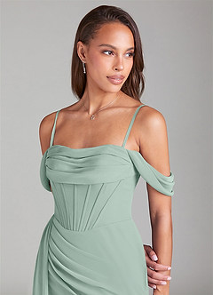 Azazie Amyra Bridesmaid Dresses Agave Sheath Off the Shoulder Chiffon Convertible Dress image6