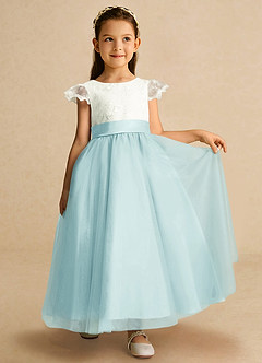 Azazie Pookie Flower Girl Dresses Sea Glass A-Line Lace Tulle Dress image4