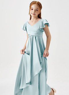Azazie Omari Junior Sea Glass A-Line Pleated Stretch Satin Dress image6