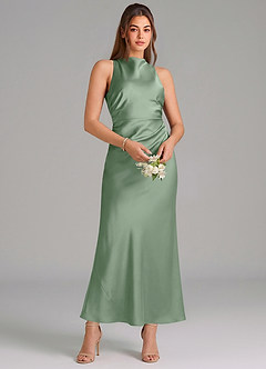 Azazie Evadne Vestidos de damas de honor Vestido de Matcha de Satén Elástico de Corte Recto con Plisado image3