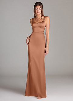 Azazie Denice Robes de demoiselle d'honneur Robe Fourreau en Satin extensible Plissée Bronze image3