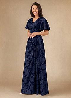 Azazie Emmeline Mother of the Bride Dresses Dark Navy A-Line Pleated Floral Burnout Dress image3