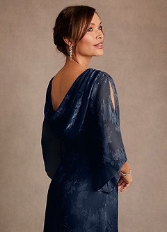 Azazie Anaheim Mother of the Bride Dresses Dark Navy Sheath Pleated Floral Burnout Dress image6