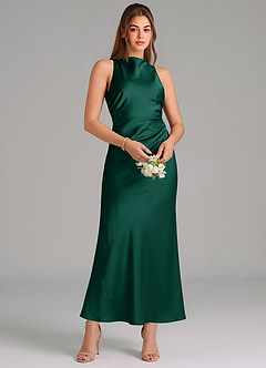 Azazie Evadne Vestidos de damas de honor Vestido de Esmeralda de Satén Elástico de Corte Recto con Plisado image3