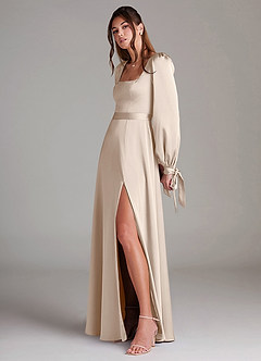Azazie Leonia Bridesmaid Dresses White Alabaster A-Line Long Sleeve Stretch Satin Dress image5