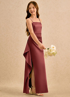 Azazie Cannoli Girls Formal Flower Girl Dresses Terracotta A-Line Pleated Stretch Satin Dress image4