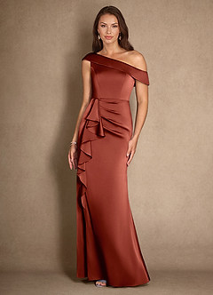 Azazie Hamptons Mother of the Bride Dresses Terracotta A-Line Pleated Stretch Satin Dress image4