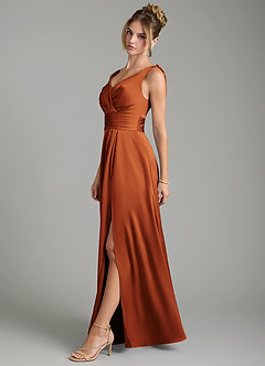 Azazie Karina Bridesmaid Dresses Cinnamon A-Line Pleated Stretch Satin Dress image3