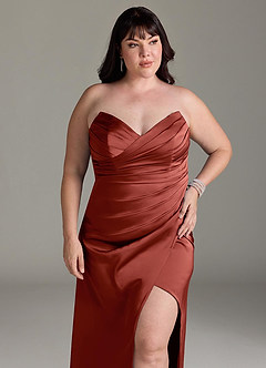 Azazie Yola Bridesmaid Dresses Terracotta Sheath V-Neck Pleated Stretch Satin Convertible Dress image13