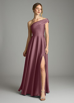 Azazie Melanie At-home Try On Dresses Amethyst A-Line Off the Shoulder Stretch Satin Dress image3